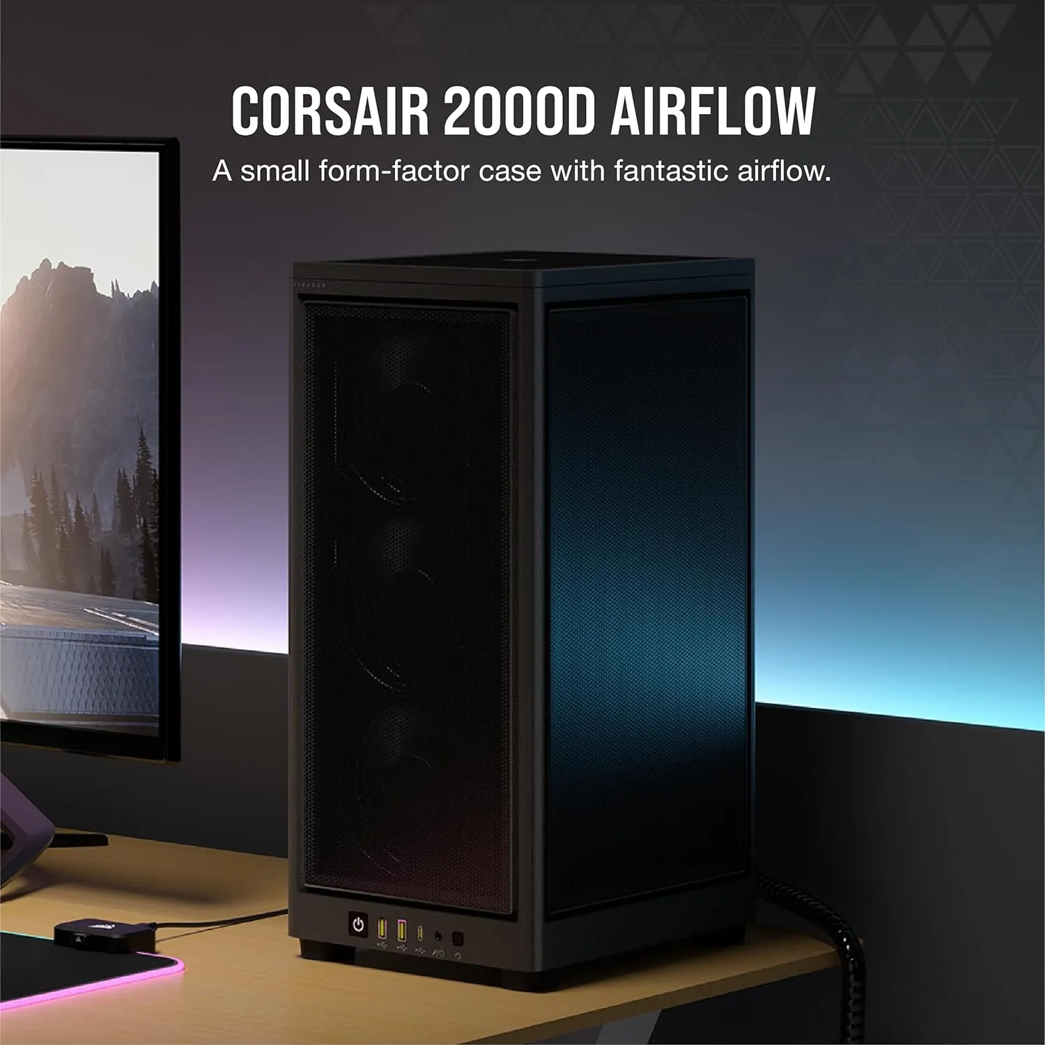 Corsair 2000D Airflow Mini ITX Gaming PC Case, Steel Mesh Panels, Up to 8x Fans, Triple-Slot GPU Support, USB-C, Requires SFX/SFX-L PSU, Black