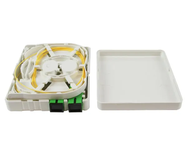 Fiber Termination Box, Wall Mount FTTH, Loaded 2 SC/APC Adapters and 1 Pigtail, Indoor, Plastic